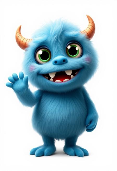 cute adorable, cute, fluffy, blue monster with large, round eyes, small horns, and a wide, toothy smile. The monster should have a friendly and playful appearance, standing on two legs and waving with one hand. The background should be plain white to make the character stand out prominently, creature with large, expressive eyes that capture a sense of wonder and curiosity. The creature's should be soft and illuminate , with shades of white that blend seamlessly with its dark surroundings.