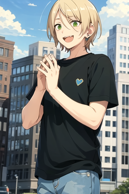 <lora:AiraShiratori-08:0.7> , aira, smile, short hair, open mouth, blonde hair, shirt, jewelry, green eyes, male focus, heart,  earrings, outdoors, multiple boys, sky, day, cloud, 1boy, blurry, blue sky, black shirt, sparkle, :3,  t-shirt, building, clenched hands