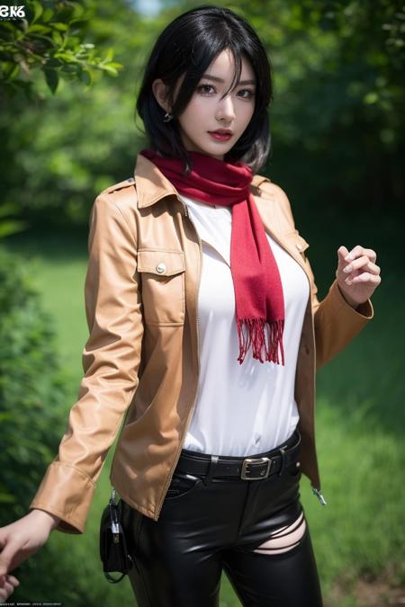 girl,mikasa ackerman,scarf,solo,jacket,black hair,paradis military uniform,short hair,red scarf,emblem,belt,hair between eyes,three-dimensional maneuver gear,thigh strap,boots,pants,brown jacket,long sleeves,outdoors,open clothes,survey corps,open jacket,white pants,best quality,masterpiece,illustration,an extremely delicate and beautiful,CG,unity,8k wallpaper,Amazing,finely detail,masterpiece,official art,extremely detailed CG unity 8k wallpaper,incredibly absurdres,huge filesize,ultra-detailed,highres,extremely detailed,beautiful detailed girl,realistic,full frontal,light contrast,<lora:Mikasa Ackerman_20231117034021:0.6>,<lora:ZOE_20230707035042:0.8>,