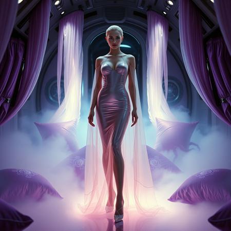 A poised and elegant slender lady, locked  in a sleek, floor-length transparent liquid slime victorian  gown, full skirt made of a  giant glossy transparent jellyfish, complete with crystal-encrusted high heels, transparent slime cloak, is situated within a spaceship boudoir cabin, surrounded by weird foil purple pillows, fog from the floor, horror, soace, aliens, slime curtains, encased, entrapped Cinematic film still, shot on v-raptor XL, film grain, vignette, color graded, post-processed, cinematic lighting, 35mm film, live-action, best quality, atmospheric, a masterpiece, epic, stunning, dramatic