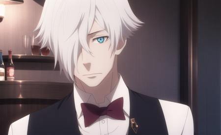 (masterpiece), high quality, highly detailed background, 1boy, solo,
<lora:DeathParadeDecim-v2-04:0.7>, ChopioDecim, white hair, short hair, hair over one eye, blue eyes, +_+, pale skin, (looking at viewer:1),
outfit_1, bartender, white shirt, collared shirt, black waistcoat, red bowtie,
standing, bar, alcohol, glass, cocktail glass,