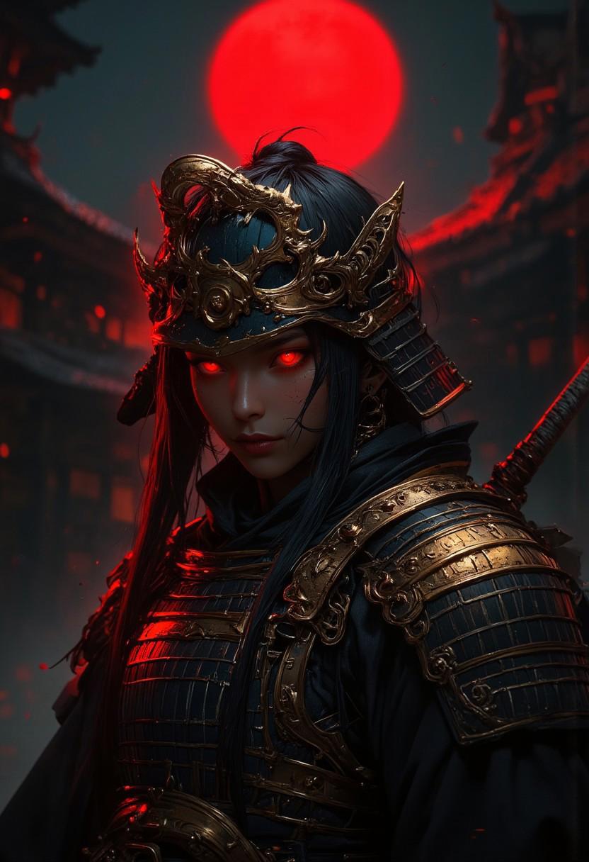 samurai girl with fiery red eyes wearing black and gold samurai armor, she's holding a long naginata polearm to her side, her long hair peaking out from under her helmet, (she stands outside at the entrance of a Buddhist temple guarding it from enemies), a red full moon in the background, (full body shot), (maximum ultra high definition image quality and rendering:3), maximum image detail, maximum realistic render, (((ultra realist style))), realist side lighting, 8K high definition, realist soft lighting, (amazing special effect:3.5). S1n0z1ck style, mythp0rt, samurai