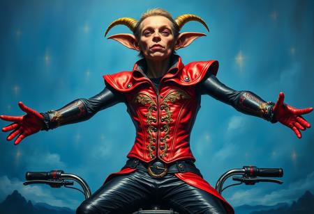 A surreal oil painting in the Raphael Style, infused with a touch of Houdini Style, depicting a Goblin Biker Dugg Charger. The individual is positioned in a dramatic, almost theatrical pose with outstretched arms, as if mid-performance. Their red and black leather ensemble, featuring a meticulously detailed, gold-accented corset and ornate gauntlets, glows with stunning colors. The blue backdrop, subtly adorned with the words ".", blends seamlessly into a dreamlike landscape, creating a Contemporary Aesthetic. The painting exhibits exceptional quality with super detailed face, eyes, and clothes, showcasing handcrafted precision and a powerful message. The impeccable composition, creative angle, and balanced editing are all guided by the Golden Ratio, creating a scene of vivid emotions and joyful impact, suggestive of a fantastical promotional event.
