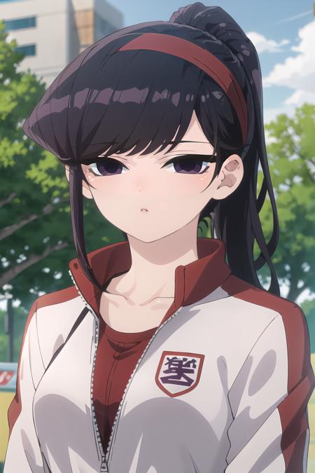 <lora:ShokoKomi_KS-V2:1> shokokomidef, purple hair, purple eyes, long hair,
looking at viewer, white shirt, red hairband, collarbone, outdoors, day, shirt, parted lips, swept bangs, headband, ponytail, gym uniform, tree, bangs, jacket, track jacket, upper body,
masterpiece, best quality,