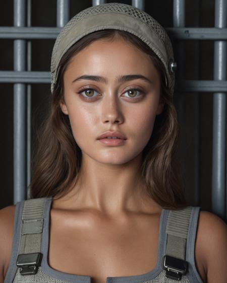 ella_purnell, <lora:EllaPurnellXL:1>, portrait, close up, upper body, sitting in a prison cell, locked up, alien planet, guarded by armed aliens, looking to the viewer, ((perfect eyes, detailed eyes,realistic eyes)), ((sharp face, detailed face, realistic face, naturtal skin, realistic skin, detailed skin, pores))