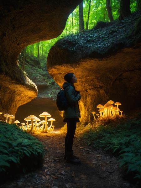 (((beautiful woman))), (mythical cave with glowing mushrooms), epic scene, dynamic camera, Photorealistic, Hyperrealistic, Hyperdetailed, analog style, soft lighting, subsurface scattering, realistic, heavy shadow, masterpiece, best quality, ultra realistic, 8k, golden ratio, Intricate, High Detail, film photography, Canon EOS R3, hdr, smooth, sharp focus, high resolution, award winning photo, 80mm, f2.8, bokeh