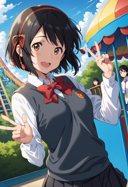 aamitsuha, black hair, short ponytail, hair ribbon, brown eyes, school uniform, red bowtie, collared shirt, white shirt, short sleeves, pleated skirt, black skirt bbmitsuha, short hair, black hair, red hairband, hair ribbon, brown eyes, school uniform, red bowtie, collared shirt, white shirt, sweater vest, long sleeves, pleated skirt, black skirt