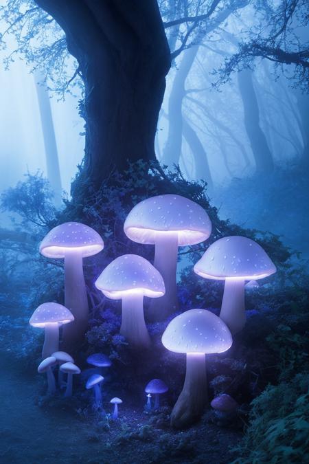 misty enchanted forest, glowing mushrooms scattered on the forest floor, ancient trees with twisting branches, soft blue and purple lighting, gentle fog rays through trees, fantasy magical vibe, high detail forest floor