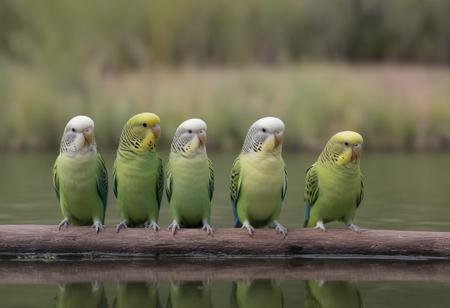 close-up several parakeets on the edge of a lake drinking and bathing, background Australian bushes and meadows, very realistic photography