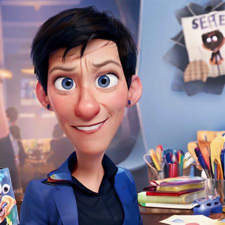 <lora:MarketaPekarova:1>, Portrait of MarketaPekarova as pixar character, in the office, solo