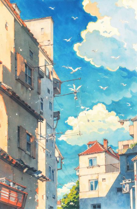 no humans, sky, day, outdoors, scenery, building, blue sky, traditional media, power lines, house, aircraft, window, painting (medium), lamppost, cloud, bird, best quality  <lora:watercolor imagerya:0.75>