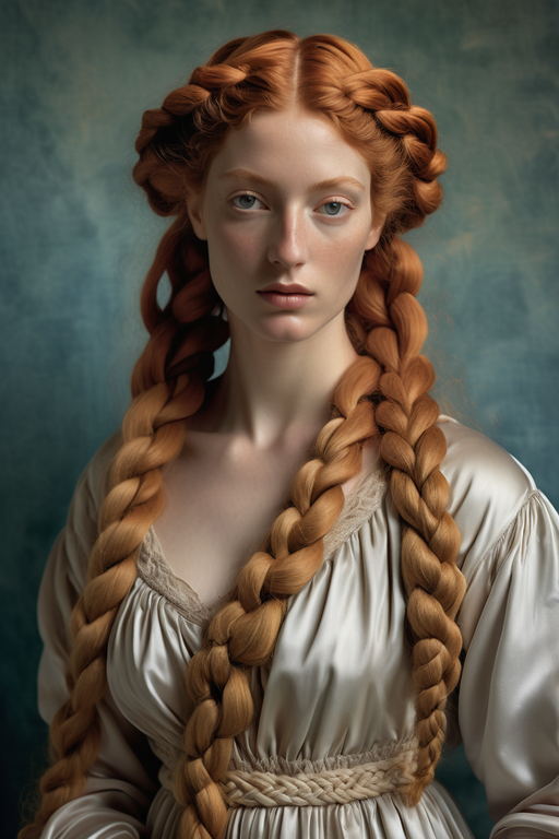 Simonetta Cattaneo Vespucci, Botticelli's model for Birth of Venus, embodying her classic beauty in a contemporary fashion, (ginger type), hair intertwined in intricate braids, modern dress, soft pastel, high color contrast, gently faded tones, timeless elegance, highly detailed, master's touch, casual elegance, chiaroscuro lighting, evocative old-world charm. Ektachrome analog film print
