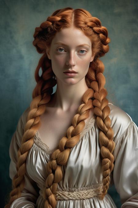 Simonetta Cattaneo Vespucci, Botticelli's model for Birth of Venus, embodying her classic beauty in a contemporary fashion, (ginger type), hair intertwined in intricate braids, modern dress, soft pastel, high color contrast, gently faded tones, timeless elegance, highly detailed, master's touch, casual elegance, chiaroscuro lighting, evocative old-world charm. Ektachrome analog film print

