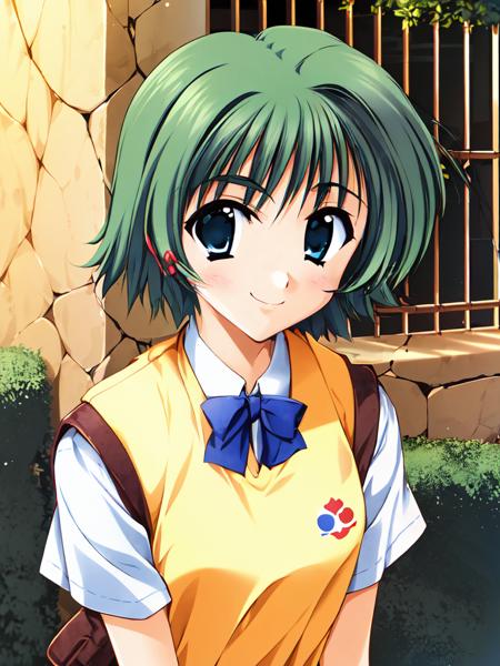 1girl, solo focus,  ooba eimi, green hair, blue eyes,short hair, small breasts,  messy hair, green eyebrows, smile, 
school uniform, yellow vest, short sleeves, white shirt, 
outdoors, facing viewer, 
 <lora:Eimi_chan_sama_V1:1>, white Down jacket