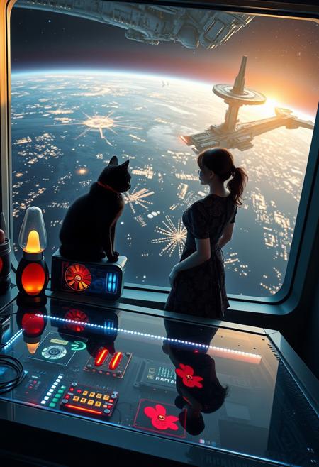 A sleek black cat with a red collar sits atop a cluttered, riveted metal desk with a transparent top, revealing glowing micro-LED-lit computer components beneath. A maneki-neko statue and a softly pulsing lava lamp rest beside it. The cat gazes out through a seamless, floor-to-ceiling futuristic window at a breathtaking planet seen from low orbit, its surface illuminated by the sprawling lights of colossal cities and towering megastructures.
Beside the desk, a beautiful 24-year-old woman stands, her gaze distant and longing as she looks into the vastness of space. She wears an ornate, elegant Chinese-style dress, its intricate patterns shimmering subtly in the ambient glow. Her hair is elegantly tied up with a ribbon, adding to her graceful presence. In the distance, an enormous deco-cyberpunk starship, adorned with futuristic neon lighting, drifts through the stars. Nearby, a massive space station looms, its Art Deco Cyberpunk architecture exuding grandeur and mystery.
A dynamic perspective enhances the scale, making the viewer feel immersed in this epic cyberpunk vision, evoking a profound sense of wonder and awe.