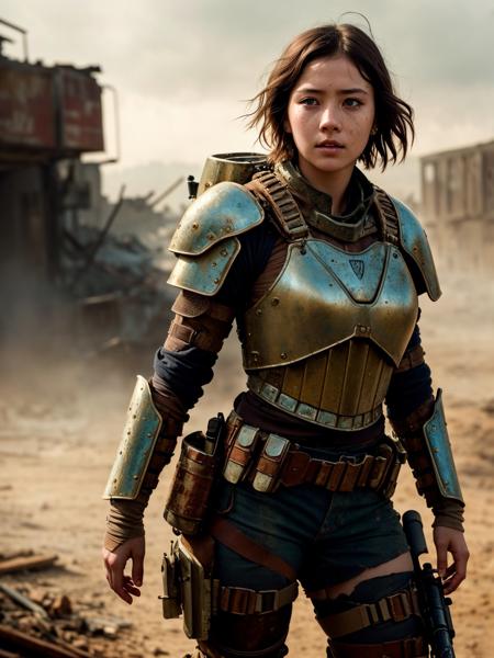 a young_woman, detailed, postapocalyptic armor, (in battle, war), short hair, (((full body:1.3))), Photorealistic, Hyperrealistic, Hyperdetailed, analog style, detailed skin, matte skin, soft lighting, subsurface scattering, realistic, heavy shadow, masterpiece, best quality, ultra realistic, 8k, golden ratio, Intricate, High Detail, film photography, soft focus, RAW candid cinema, 16mm, color graded portra 400 film, remarkable color, ultra realistic, textured skin, remarkable detailed pupils, realistic dull skin noise, visible skin detail, skin fuzz, dry skin, shot with cinematic camera