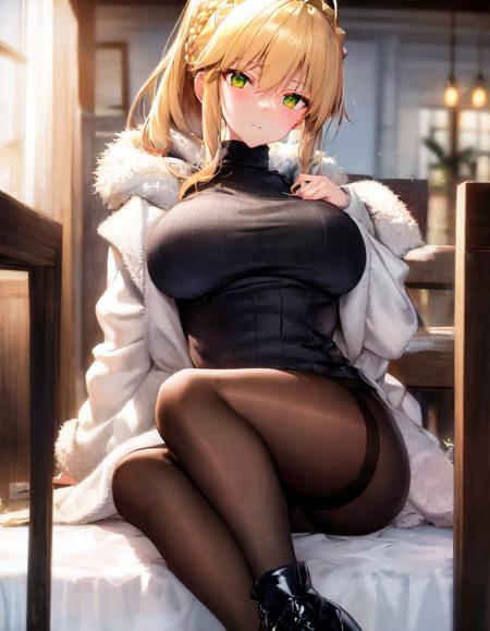 masterpiece, best quality, absurdres, soft lighting, serious, looking at viewer, confident,
1girl, ahoge, artoria pendragon \(swimsuit ruler\) \(fate\), large breasts, blonde hair, green eyes, french braid, ponytail,
grey turtle neck ribbed sweater, fur coat, pantyhose, heeled boots,
sitting, cafe, autumn