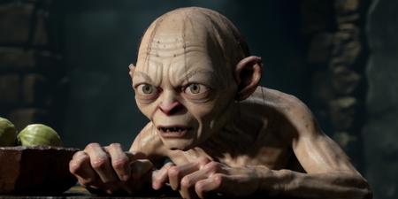 smeagol, crouching, on a modern kitchen table, sharp, amazing, bokeh, canon dslr, realistic, movie still, side view <lyco:smeagol_v2.0:1> <lyco:modern kitchen_v2.0:1.0>