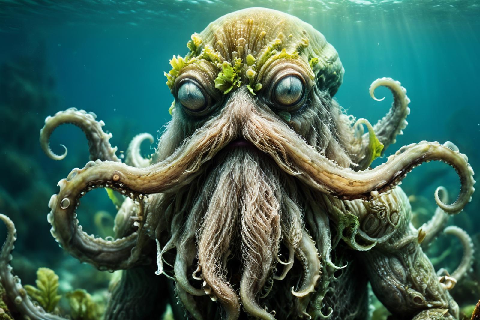 An Underwater Creature with Multiple Eyes, Tentacles, and Seaweed on its Head.