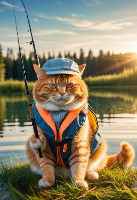 anthropomorphic Fat chubby ginger cat wearing a vest and cap, sitting on a grassy lake shore, holding a fishing rod with paw, serene blue water reflecting the sunlight, gentle ripples in the lake, peaceful forest background, soft golden hour lighting, highly detailed, whimsical style dynamic angle, warm hues, realistic, photorealism, hd, 8k, high definition, side view