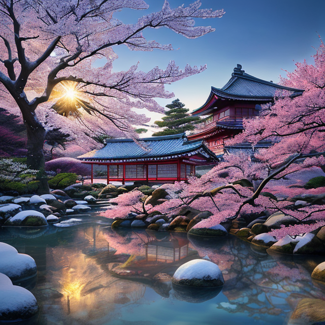 hyperrealism,candid photo of Japanese garden, sakura, snow, colorful ice, blue water, golden hour, warm light, god rays,hd...