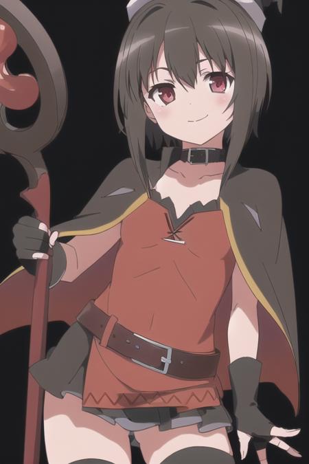 1girl, megumin, hat, witch hat, gloves, fingerless gloves, solo, thighhighs, bandages, red eyes, dress, cape, staff, black thighhighs, eyepatch, belt, smile, single thighhigh, black hair, bandaged leg, looking at viewer, red dress, black gloves, simple background, short hair, collar, short hair with long locks, black background, holding, boots, brown hair