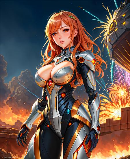 a painting of a beautiful woman, complex robot,  (masterpiece, best quality), particle effects, epic explosion background, vivid, hdr, night time, very detailed, (cell shaded:1.2), ray tracing, cool waifu's don't look back at explosions