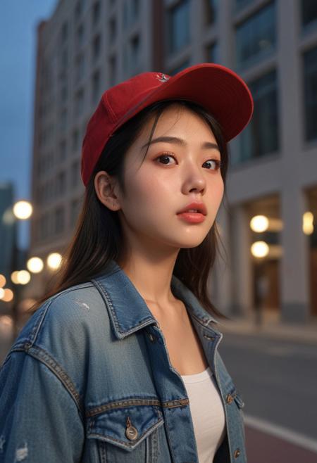 20yo asian woman posing for pic in front of tall building.
Small eyes. Brown eyes.
Wearing ripped Denim jacket red hat
no makeup.  realistic skin style
Long dark black slick back hair. No makeup. Dusk, Street light. Looking at camera POV. Slight smile, tilting head.. Tilt head. Hands in head, face, lips.
Medium Close Up shot. Bokeh. Bokeh light.