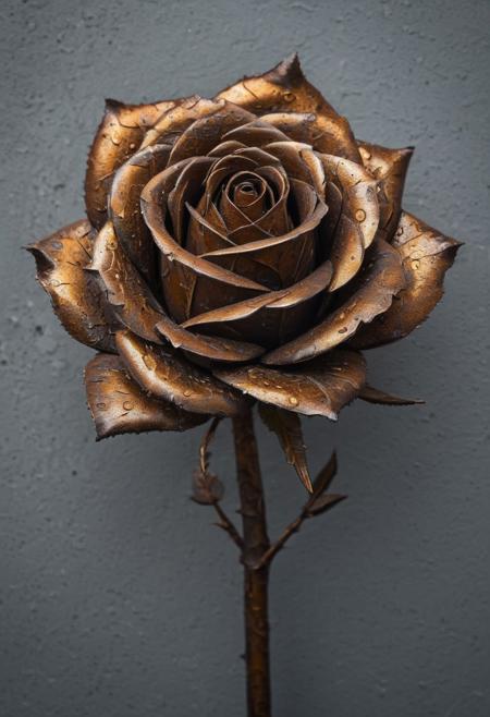 A surreal, sculpted rose made entirely of rusted iron, its petals curling at the edges, covered in intricate patterns of corrosion. Deep cracks and oxidized textures give the metal a fragile, time-worn beauty. The rose is set against a dark, moody background with soft, ethereal lighting highlighting the intricate details of the rust. Droplets of metallic condensation cling to the surface, as if frozen in time. A mix of industrial decay and artistic elegance, symbolizing beauty within imperfection. Hyper-realistic, visually stunning, detailed macro photography.