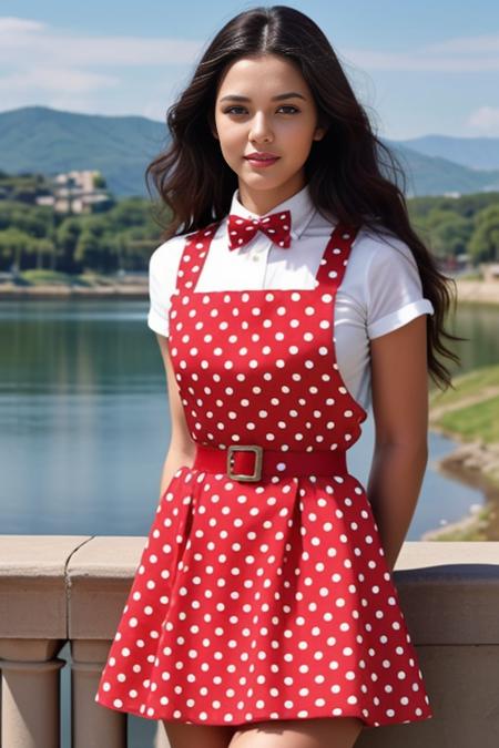 realistic, masterpiece, high detailed skin, looking at viewer, full body shot, scenic view, long hair, black hair
<lora:Pinafore_Polka_School_Dress_By_Stable_Yogi:1> polka dots pattern pinafore dress, long skirt, red bowtie, belt