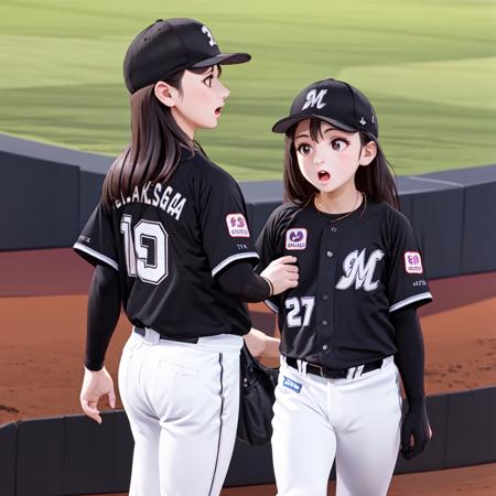 best quality, ultra-detailed, illustration,
chibalotteV, 2girls, white pants, open mouth, baseball cap, baseball uniform, belt, baseball mitt, black hair, shirt, long hair, standing, black shirt, outdoors, black headwear, baseball stadium, 
<lora:Chiba_LOTTE_MARINES_Visitor_uniform_SD15_V1:1>