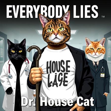 Create an image titled 'Everybody Lies' house font type, featuring Dr. Gregory House from House, M.D. reimagined with a cat body. upset face, unshaven beard His signature cane. black suit, white tshirt with rock print, on a hospital. with a doctor black cat, a doctor calico cat and a doctor blonde cat.  At the bottom of the image, include the title 'Dr. House Cat' in a house fonttype