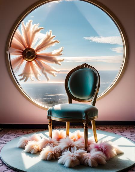 AXH3 style, intricate details, detailed, ornate, intricacies, knots, fabric, fluff, velvet, abstract, surreal, floating cloud in the sky, bedroom with warm sunlight and gobos and godray and sunshine, photo, photography, texture, rough, matte, shiny, 3D, gradient background, white fluffy, chair, circular window, plant in vase, table, carpet, patterns, gold, copper, (mint green and pink:1.2), concrete, sphere, glass, translucent <lora:sdxl_THR33D_v3:0.3>