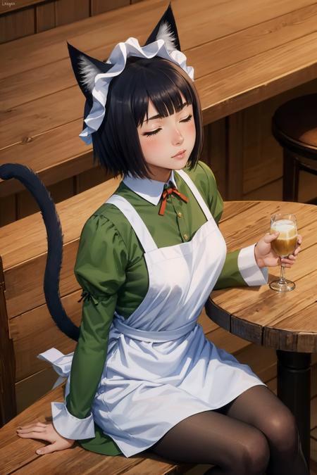 masterpiece, best quality,  <lora:chloerollo-nvwls-v1-000009:0.9> chloe rollo, cat ears, maid headdress, green dress, white apron, long sleeves, pantyhose, sitting, table, bar, alcohol, from above, blush, closed eyes, tail