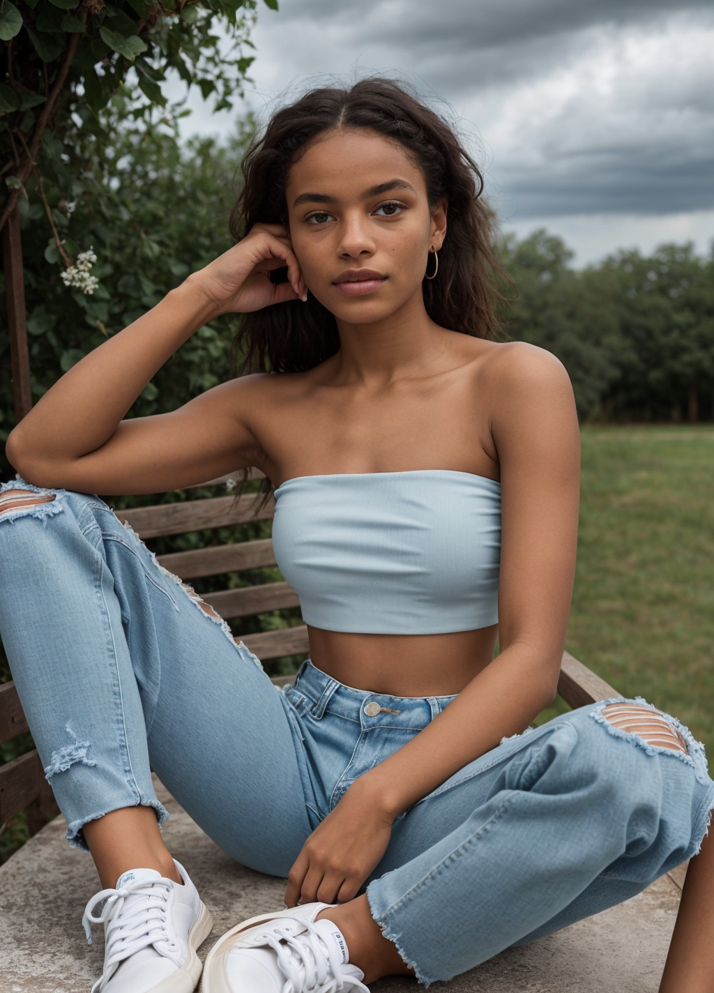 1Girl, seated with one leg extended and the other bent, hand resting on her thigh. She faces the camera, wearing a strapless crop top and light blue distressed jeans, paired with white sneakers. She gazes directly at the viewer with a composed expression. The outdoor lighting is soft and warm, with a clear sky and subtle clouds in the background.