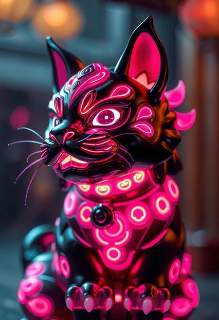 masterpiece, best quality, amazing quality, very aesthetic, high resolution, ultra-detailed, absurdres, newest,  photorealistic details, volumetric lighting, foo dog that's a cat, glowing details, black, blue, and pink coloration