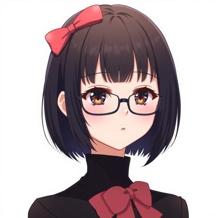 Black hair,  short woman, fringe hairstyle, bob hairstyle, anime, black glasses, pink bow