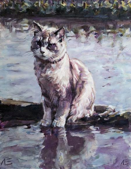 oil on canvas, Pastels artwork, desolate water, (Birman Cat:1.3) with deep purple details, Panorama, Simple and clean, contest winner, stylized by Waterhouse, John Constable, Ed Blinkey, Atey Ghailan, Studio Ghibli, Jeremy Mann, Greg Manchess, Antonio Moro and makoto shinkai, <lora:OIL_ON_CANVAS_v3:1>