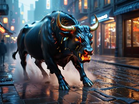 A photorealistic image of a furious bull, with a bulls head, tigers body and claws, snorting and pawing the ground, golden horns, charging through a misty city street paved with slick, cobblestone streets at night. The bull has glowing yellow eyes, dripping saliva, and rain droplets flying from its fur. People flee in terror as the bull's form is illuminated by flickering streetlights and neon signs, casting rich, contrasting colors on the scene. The light mist hangs low, swirling around the bull's legs and obscuring some distant buildings, but allowing the neon lights and shop windows to illuminate the scene with vibrant hues. The fear is palpable in the onlookers' eyes. blue lightning sparks, red horns

black DEVIL SPAWN <lora:JuggerCineXL2:1.0>, <lora:glowneon_xl_v1:0.5>, <lora:add-details-xl:0.5>