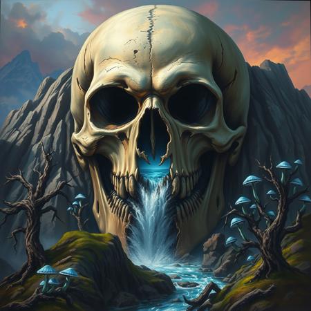 In this captivating splash art painting for an epic fantasy scene, the focal point is a massive, weathered skull embedded within the heart of a mountain. The skull's eye sockets are dark and sinister, while there is a river going through its gaping mouth. There is a hole in the skull where we can see a waterfall, the starting point of the river. Along the river there are death trees with moss and blue glowing mushrooms. The sky features a gradient from darker tones at the, vibrant, medieval fantasy, conceptual art, illustration, poster, cinematic