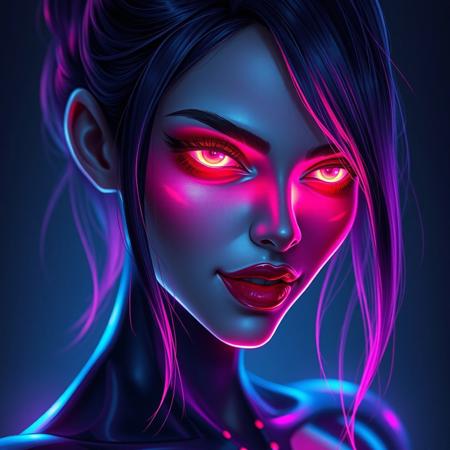 A gorgeous woman with a luminous digital aura lighting up the darkness, the ethereal figure of a digital painting evocative of a distorted human figure with vibrant neon eyes, (glowing eyes:1.1), heart shaped face, macabre appearance and a cunning smile. Vibrant hair. This stunning image is a digital painting, meticulously created with vibrant colors and striking details. Her sleek, futuristic design exudes a sense of otherworldly beauty, with glowing neon accents that seem to pulse with energy. Every pixel is carefully rendered, capturing the character's mysterious and alluring presence in exquisite detail. This mesmerizing image invites viewers to get lost in a dreamlike realm of imagination and technology. ((glowing neon lipstick)), masterpiece, highly detailed, harmonious colors, ((half body angle:1.5))