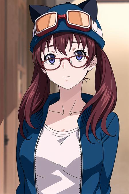 noyamano ringo,red hair,purple eyes,twintails,long hair,glasses,red-framed eyewear,school uniform,serafuku,