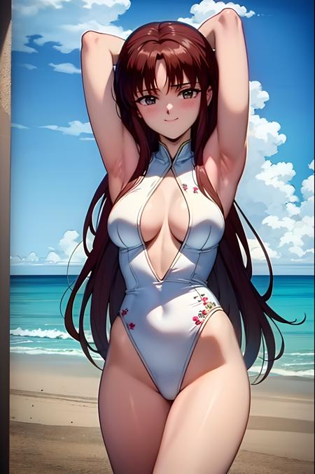 (exceptional, best aesthetic, new, newest, best quality, masterpiece, extremely detailed), 1girl, solo, yuukimiaki, hair_down, smile, blush, arms_behind_head, one-piece_swimsuit, beach