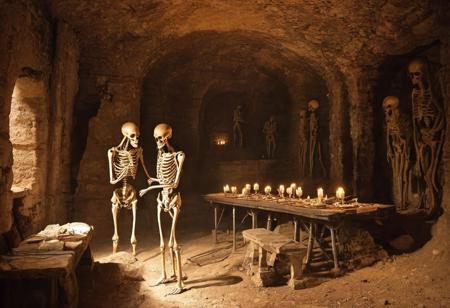 ancient alien constructions, skeletons of alien priests, sacrificial table, macabre, sinister place, dark atmosphere, place of death, dark