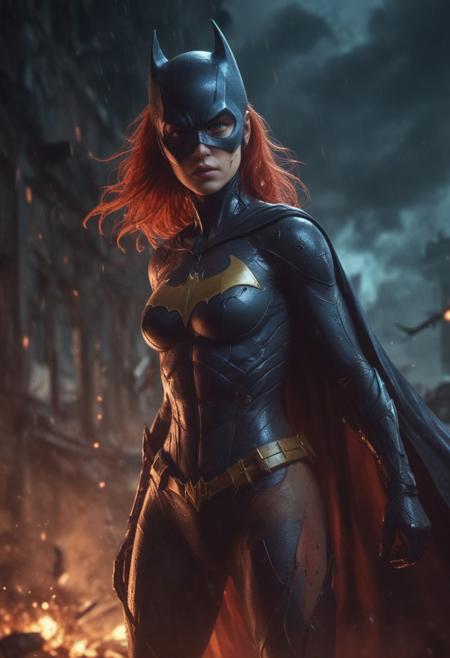High resolution ultra-realistic of beautiful realistic  Batgirl is fighting a battle, cinematic style, standing on a bloody and stormy battlefield in a fighting pose, bloody massacre, realistic modern combat costume, black mask, red cape, perfect athletic figure, wavy red hair, handsome dirty bloody face, beautiful perfect detailed pupils, wet oily shiny skin, covered in dirt and blood, beautiful firm Breasts, defiant and seductive, sexy 20 year old girl, 8k resolution concept art portrait by Greg Rutkowski, Dark Gotham City, realistic blue eyes, full body, Artgerm, WLOP, Alphonse Mucha, dynamic lighting, hyperdetailed, intricately detailed, Splash art trending on Artstation triadic colors, Unreal Engine, 5 volumetric lighting, Cinematic Lighting, intricate, smooth, sharp focus digital painting, Asymmetrical Balance, painting, dynamic lighting