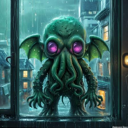 lazypos,
tearStyle2,
An anthropomorphic cybernetic cthulhu looking through the window of his home in a cyberpunk city, raining, wet glass, highly detailed, cute, kawaii,
