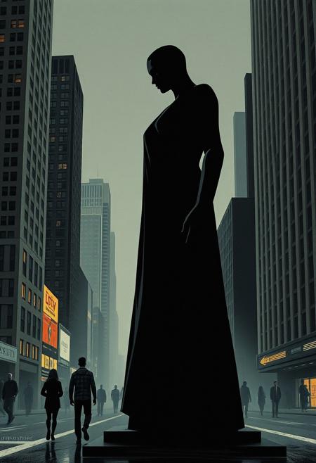 bold sculptural figures with precise geometric cityscapes, deep atmospheric lighting, strong emotional contrasts, moody solitude meets social realism, muted urban tones with glowing highlights, dramatic expressive portraits, woodcut-style textures and smooth minimalist architecture