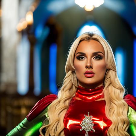 closeup portrait of tffnyStrton (wearing a female superhero costume: 1.3) sitting on a throne, hazel brown eyes, inside a gothic church, spot lighting, wet stone, bokeh, film, detail, dslr, Nikon Z FX