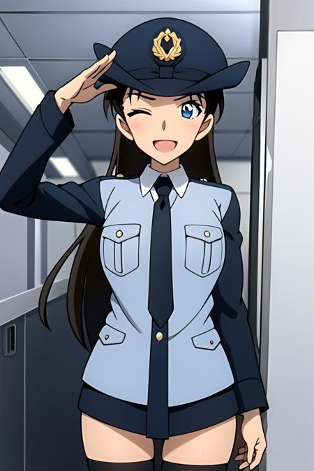 ((masterpiece)),((best quality)),ultra-detailed,illustration,police,uniform,police uniform,1girl, solo, one eye closed, salute, uniform, necktie, police uniform, police, policewoman, blue eyes, brown hair, open mouth, smile, armband, long hair, ;d, looking at viewer, upper body, anime coloring, dark skin, jacket, black necktie, shirt, long sleeves,Black stockings, black high heels, outdoor, car, police car, road,Beautiful body,Beautiful Nose,Beautiful character design,perfect eyes,perfect face,alluring,wallpaper,perfect lighting,Colorful,ultra highres,4K,photography,(Beautiful, medium breasts:1.2),(beautiful face:1.2),(narrow waist),shiny skin,anime screencap,from below,<lora:Miyamoto Yumi1:0.7>,mature female,