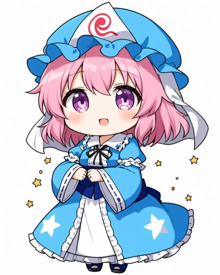 saigyouji yuyuko,1girl, triangular_headpiece, chibi, open_mouth, solo, white_background, mob_cap, blue_kimono, long_sleeves, simple_background, blue_headwear, blush_stickers, full_body
<lora:saigyouji_yuyuko_image6716_2023-12-14:1>,star-shaped_pupils,symbol-shaped_pupils,. gorgeous,key visual, vibrant, studio anime,award-winning, professional, highly detailed,high budget, cinemascope